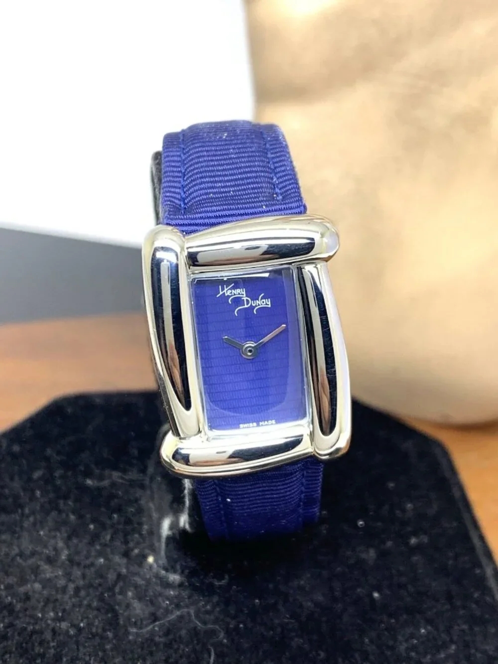 Henry Dunay Sabi Women's Watch Swiss Quartz Tank Blue Dial Leather Nylon Strap